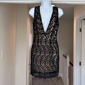 Forever 21 Black Lace Plunge Dress | Nude Lining | Sexy Night-Out | Size S